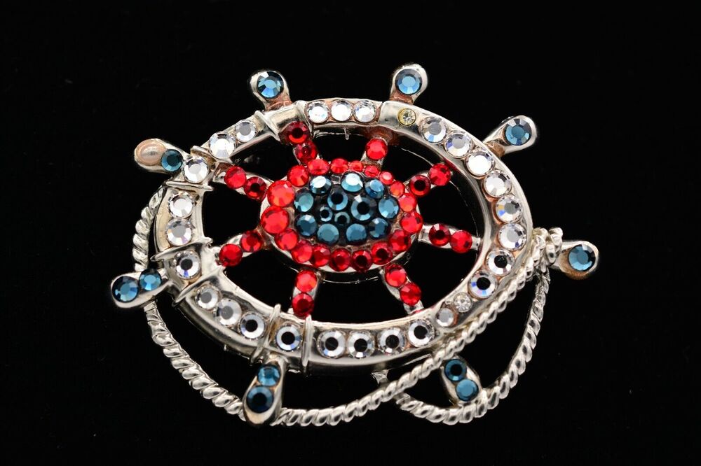 Vintage Helm Pin Brooch Red White Blue Rhinestone Crystal Sparkling Silver BinAP